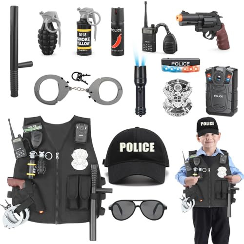 XSYKJGS Disfraz Policía Niño 15 Piezas - Traje de Policía Completo con Accesorios (Gorra, Esposas, Chaleco) para Niñas y Niños - Ideal para Halloween y Carnaval