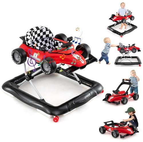 GOPLUS Trotteur Bébé Garçon 4 en 1, Trotteur Marche Bebe Fille Pliable avec 3 Hauteurs Réglables, Musique, Lumières, Roue Antidérapante, Charge 12 KG pour 6-12 Mois (Rouge)