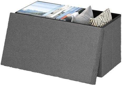 eSituro Sitzbank mit Stauraum, Faltbarer Sitzhocker, Truhenbank mit Deckel, Sitztruhe, Fußhocker, Aufbewahrungstruhe, Polsterbank aus Teddyfleece, 80 L, 300 kg belastbar, 76x37x38 cm, Dunkelgrau