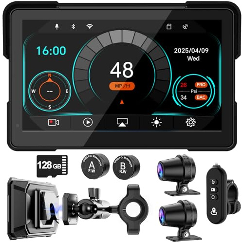 2026 LBW 7 Wireless GPS Motorcycle CarPlay(Includes 128G SD) with Android Auto Navigation, Dual 2K Dash Cam, HD Waterproof Screen, TPMS, Remote Control, BT, Quick Release Magnetic Design Mount