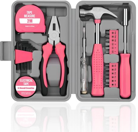 Pink Tool Kit for Women, Pliers Drill Small Set, Mini DIY Household Toolkit, Portable Home Improvement Tool Kit with Storage Box, for Repairs University, Garage, Office, School 24 PCS
