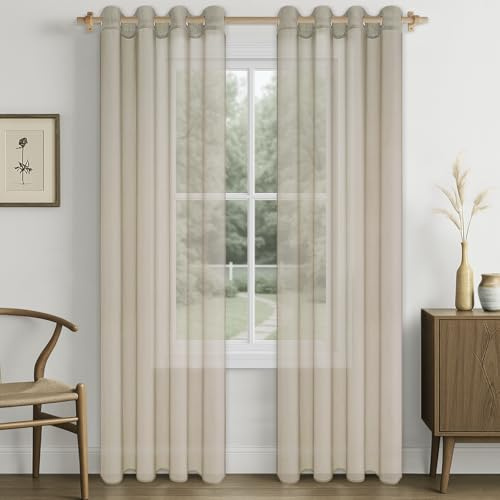 CUTEWIND Vorhang Beige Durchsichtig Voile Gardinen mit Ösen Wohnzimmer Modern Ösenvorhang 2er Set H 240 x B 140 cm, Vorhänge Transparent für Schlafzimmer Curtains Living Room