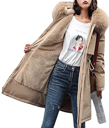 Minetom Manteau Femme Hiver Doudoune Chaud Parka Longue Blouson À Capuche en Fausse Fourrure Trenche Grande Taille Duvet en Coton A Kaki XL