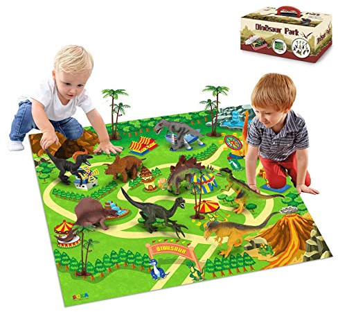 SOKA Dinosaur Toy Figure Set with Activity Play Mat Playmat & Trees For Kids Children - Realistic Dinosaur Toys Educational Playset for Boys & Girls Including T-Rex, Triceratops, Velociraptor