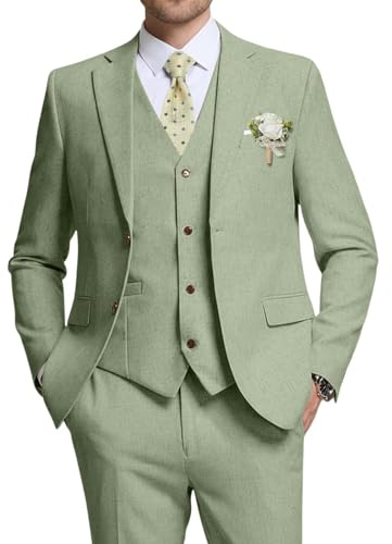 High-End Suits Retro Men's Linen 3 Piece Wedding Suit Light Green, XL