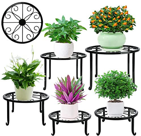 Lot de 5 supports de plantes en métal pour plantes d'intérieur et d'extérieur - Support de pot de fleurs robuste en fer antirouille - Étagère ronde pour plantes d'extérieur pour terrasse et jardin