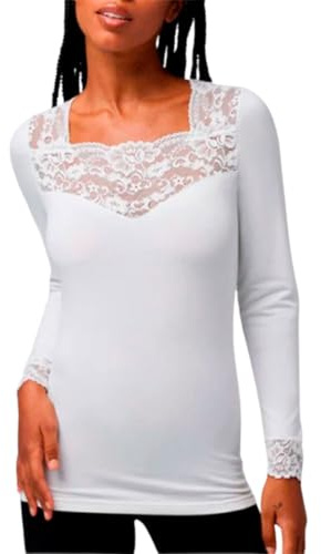 Ysabel Mora T-Shirt Thermique en Dentelle à Manches Longues Ivoire