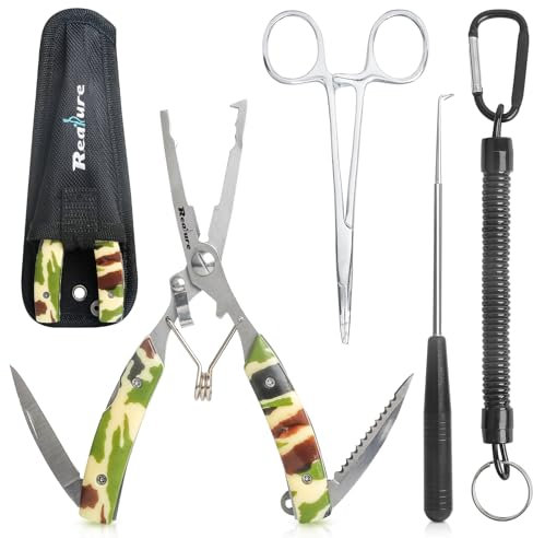 Realure 3 Pcs Portable Fishing Pliers Set with Lanyard, Include Curved Fishing Forceps, Disgorger Fishing, Multi Pliers Tool for Hook Remover, Split Ring, Fishing Gift for Men