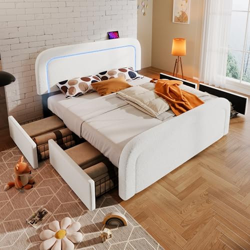 Merax Polsterbett 160x200cm mit 4 Schubladen, Aufladen USB, LED-Beleuchtung, Doppelbett Bettgestell mit Lattenrost & Verstellbares Kopfteil, Jugendbett mit Fußteil, Metallrahmen, ohne Matratze, Weiß