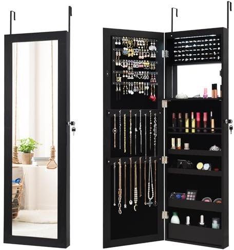 RELAX4LIFE Schmuckschrank mit Spiegels, Spiegelschrank mit Automatischen LEDs & Klappbarer Ablage, Schmuckorganizer für Ohrringe Armband Kosmetik, Hängend & Abschließbar, Tür- & Wandmontage (Schwarz)