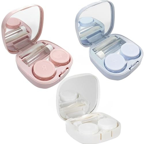 Neyeau 3PCS Contact Lens Cases,Contact Lenses Case Box with Mirror and Wearing Stick,Portable Contact Lens Travel Case with L and R Caps,Leakproof Contact Lens Soaking Travel Kit(Pink+Blue+White)