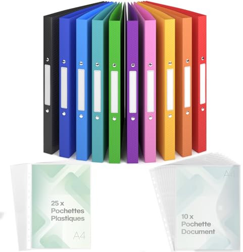 ACROPAQ - 10 x Classeur souple A4 | 2 anneaux | Incl. 10 x Pochette document, 25 x Pochettes plastiques et 12 x Étiquettes de dos, Dos 2,5 cm, Couleur Arc en ciel de la collection Nature - Classeurs