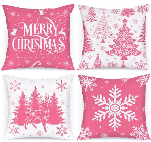 Lanpn Set di 4 Federe Cuscini Natalizi, Rosa Cuscini per Divano 45x45, Natalizi Copricuscini Divano, Copricuscino Divano Natalizie, Decorazioni Natale per Divani Letto in Camera Biancheria da Letto
