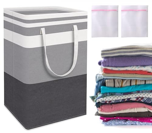 Scettar 75L Cesto Portabiancheria Pieghevole, Cesta Giochi Bambini per Riporre Panni Sporchi e Giochi, Salvaspazio Bagno Laundry Basket, Con 2 Sacchi per la Biancheria (Strisce Bianche e Grigie)