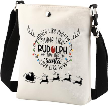 Umhängetasche mit Jesus-Weihnachtsmotiv, Tanzen wie Frosty Shine Like Rudolph, Give Like Santa Love Like Jesus, Geschenk für Handy, Geldbörse, weiß, 8.26*5.9 inches