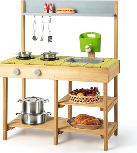 FANTASK Matschküche für Kinder Outdoor & Indoor, Spielküche mit Haken & abnehmbarem Regal, Kinderküche Holz mit Wasserfunktion, Gartenküche Geschenke für Kinder ab 2 Jahren, Natur