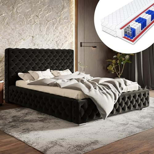 MOTIVENA Dianna Chesterfield Polsterbett 120x200 mit Bettkasten, Chesterfield Bett 120x200 mit Matratze und Lattenrost, Bett Kopfteil Samt, Matratze H3, Bett Samt, Polsterbett 120x200 Schwarz