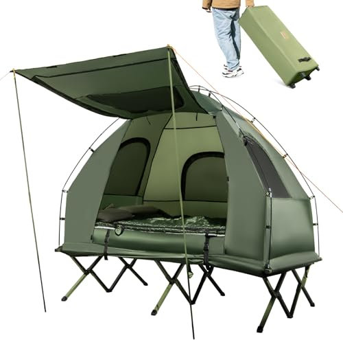 COSTWAY Feldbett mit Zelt für 2 Personen, Campingbett mit Luftmatratze, Schlafsack, 2 Kissen und Vorzelt, Campingliege mit Tragetasche auf Rädern, 194 x 145 x 187 cm