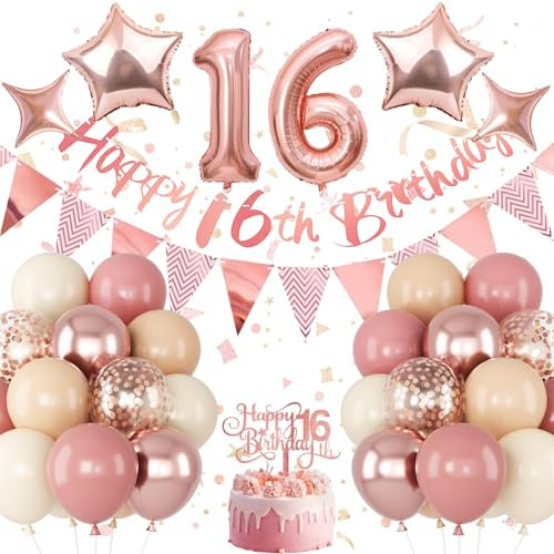 Jobkoo Girls 16th Birthday Decorations, Retro Pink Nude Sweet 16 Balloon Set Happy 16th Birthday Banner Cake Topper Dusty Pink Beige Rosegold Star Balloons for Boho 16 Year Old Bday Party Decoration