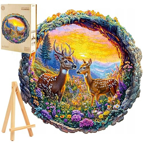 PASJO Holzpuzzle für Erwachsene 3D Hirsche auf Einer Lichtung 300 Einzelteile Holzbox und Mini-Staffelei Tierform Mutter und Baby Hirsch Wooden Puzzle