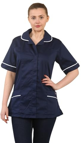 Grunge Wear® Womens Healthcare Nurses Uniform Tunic Top, Ladies Comfortable Durable Medical Workwear Short Sleeve, Collared Button-Up Shirt Dress (Navy, 26)