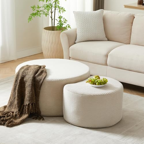 ChouTangYu Runde Polster-Kaffeetische Set, 2-teilig, Beistelltisch Ottoman, 127x81x40 cm, moderner runder Kaffeetisch aus Schaumstoff, Montage Nicht erforderlich (Beige)