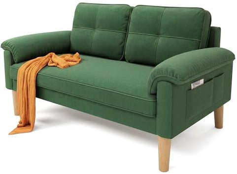 Xbro Sofa 2 Sitzer, Kleine Couch 2 Sitzer mit Armlehne und Seitentasche, Modernes Stoffcouch für Wohnzimmer,Wohnung,Büro,Einfache Montage, 144 x 77 x 77 cm, Grün