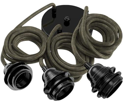 Hoopzi - Suspension Luminaire 3 Ampoules - 2,5m - Câble en Lin - Lustre pour Salon, Cuisine, Chambre - Modèle Hang 3 Lin Kaki