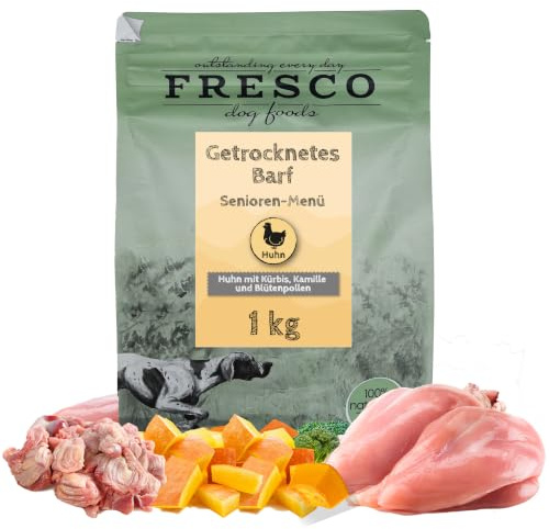 FRESCO Dog TrockenBarf für Hunde Senior Huhn 1kg | Leicht verdaulich | Getreidefrei, fettarm, 100% frische Zutaten | BARF Hundefutter trocken mit Kürbis, Kamille, Blütenpollen & Kräutern