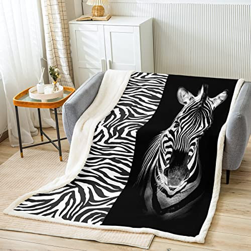 Loussiesd Zebra Decke 150x200cm Karikatur Zebra Streifendruck Wohndecke Für Kinder 3D Schwarz Weiß Pferd Ross Kuscheldecke Afrika Wild Tier Schlafzimmer Dekor Flanell Fleecedecke