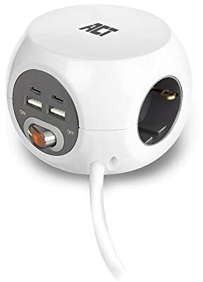 ACT Steckdosenwürfel USB C, Steckdosenleiste mit USB-C 2-Port und USB-A 2-Port (3.4A) mit Schalter, 3 Fach Steckdose mit USB C, Kabellänge 1.5m – AC2415
