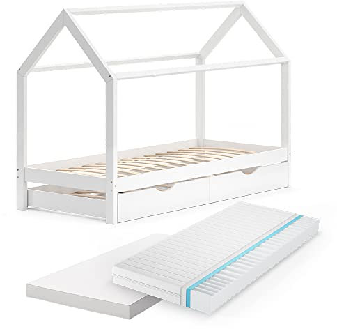 VitaliSpa Hausbett Wiki, Bett aus Holz, Weiß, 90x200 cm mit Gästebett und 2 Matratzen
