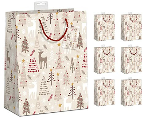 PremiumLine Geschenktaschen Weihnachten 6 Stück | DIN A4 Geschenktüten Papier Geschenkbeutel groß | farbige Kordel, Namenskarte | Winterwald, Large 26x32x12cm | Skorpion Papeterie