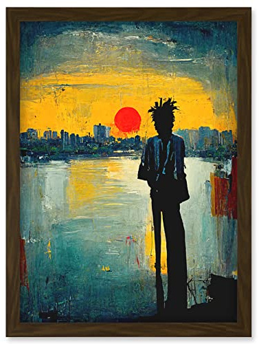 Doppelganger33 LTD Dramatic Sunset Silhouette City Skyline Lake Oil Painting Artwork Framed Wall Art Print A4