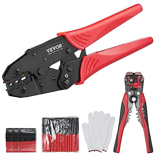 VEVOR Pinze Crimpatrice 0,5-6mm² in Acciaio per Terminali Isolati in Nylon Termorestringente AWG22-10, Pinza Crimpaggio Capicorda con Guanti Spelafili 210 Tubi Termorestringenti Pressione Regolabile