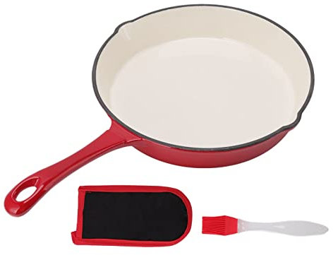 OQHAIR Poêle à Frire en Fonte émaillée, poêlon en Fonte émaillée Une pièce Manche Long Rouge 25 cm de diamètre Design Ergonomique poêle à Frire pour Cuisiner