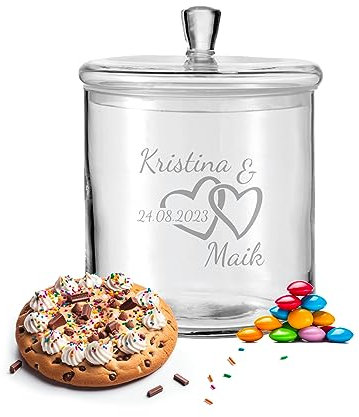 LALALO Leonardo Keksdose mit Gravur als Hochzeit Geschenk, Keksglas/Bonbonglas personalisiert als Hochzeitsgeschenk, Vorratsdose für Paare zum Hochzeitstag als Geldgeschenk (Herzharmonie)