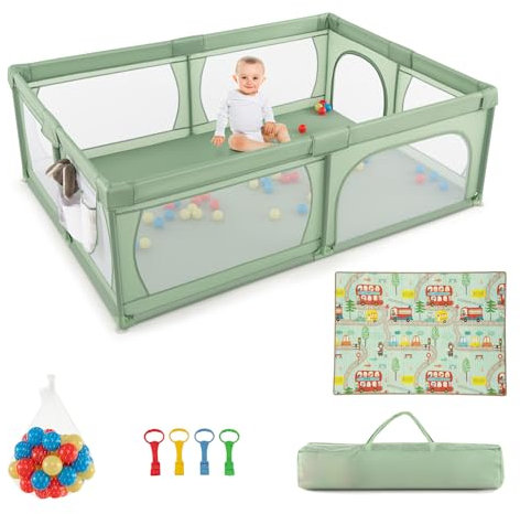DREAMADE 200 x 140 cm Baby Laufstall, Laufgitter mit 50 Bällen & Tragetasche, Krabbelgitter für Kinder im Innen- & Außenbereich (Grün, mit Matratze)