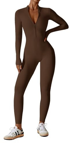 Ecupper Jumpsuits Damen Yoga Bodycon Einteiler Zip Up Overall Rompers Langärmelig Workout Outfit Braun L