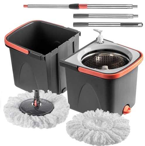 KADAX Fregona giratoria con función de escurridor, fregona con cubo de doble cámara, fregona con mango telescópico, fregona con cubo (negro/naranja)