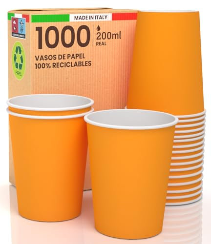 1000 Bicchieri in Carta 200ml Ecologici Biodegradabili Monouso Made in Italy Asporto Bevande Calde Acqua Colorati ARANCIONE - Prodotto e Confezionato in Italia