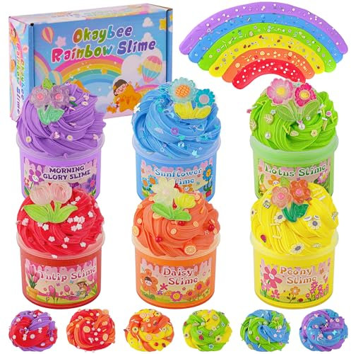 Okaybee 6er-Pack Butter Slime Set, Regenbogen Schleim für Kinder, Schleim Party Geschenke, Sensorisches Spielzeug, Feiertags Geburtstags Ostern Halloween Mädchen und Jungen