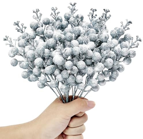 KKSTY 16 steli di bacche natalizie glitterate, 20,3 cm, ramo di bacche innevate artificiali per fai da te, artigianato, ghirlande, decorazioni per albero di Natale, Capodanno, vacanze e casa (argento)