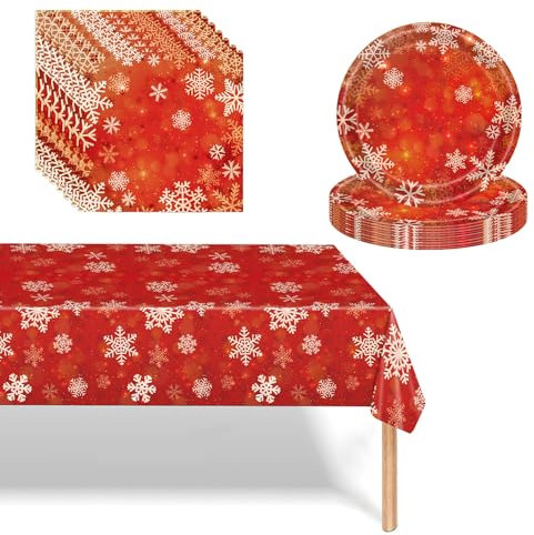 37pcs Christmas Dinnerware Set, Red Snowflake Disposable Plates, Napkins and Tablecloth - Xmas Party Table Decorations