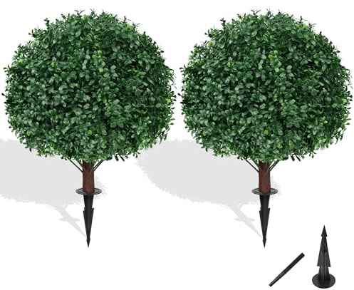 Grooy Artificial Boxwood Topiary Ball Tree with Ground Spike, Set of 2 Artificial Shrub Bushes, Fake Evergreen Tree for Porch, Artificial Plants for Outdoor Planters Indoor UV Resistant