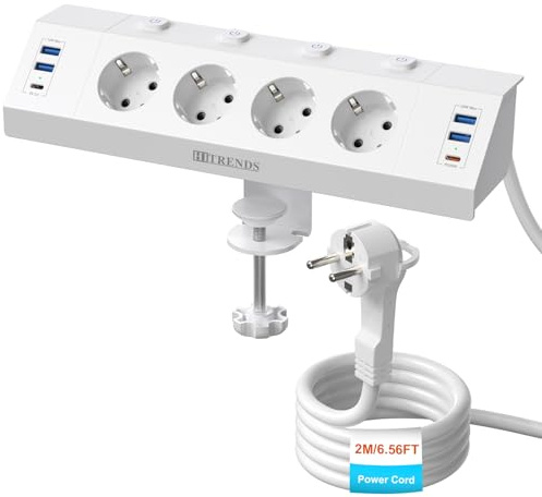 Tischsteckdose Schreibtisch mit USB C PD 20W, Steckdosenleiste mit 4 Einzeln Schalter, 4 Fach Ecksteckdose mit 6 USB, Flachstecker Mehrfachsteckdose Wandmontage mit 2M Kabel, Überspannungsschutz-Weiß
