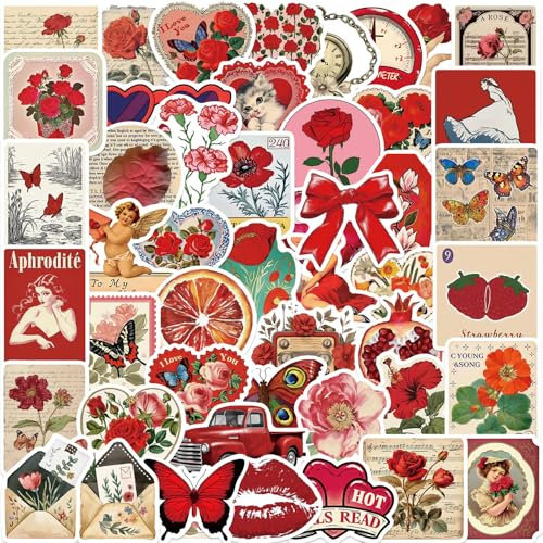 50pcs Stickers for Water Bottle, Waterproof Vinyl Decal for Teen Girl Phone Computer Notebook Laptop Travel Case Guitar Skateboard Scrapbook (Red Aesthetics)