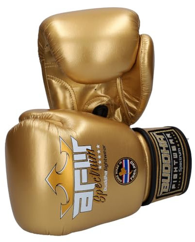 BUDDHA FIGHT WEAR - Guantes de Boxeo Metalic Thailand Spectrum diseñados para Entrenamientos y Sparring en Muay Thai Kickboxing Fitness - Hombres y Mujeres - 10 oz 12 oz 14 oz 16 oz (Dorados, 16 Oz)
