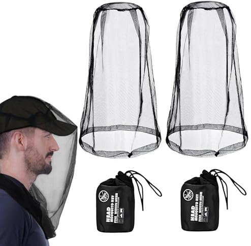 2 Stück Moskitonetz Kopf, Kopfnetz, Mosquito net Head für Insekten-und Fliegenschutz, Ultrafeine Löcher, für Gesichtsschutz, Wandern, Angeln Im Freien, Camping mit Tragetasche(2 Masken + 2 Beutel)