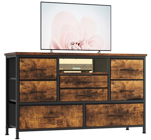 8 Drawer LED Dresser TV Stand with Power Outlet for 55'' TV - Wide Storage Chest for Bedroom, Living Room & Entryway, Wood Top Console Table with 22 Light Modes,TV Stand with 2 USB Ports,Tiger stripes